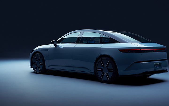 Sony Afeela electric car in a dimly lit room.