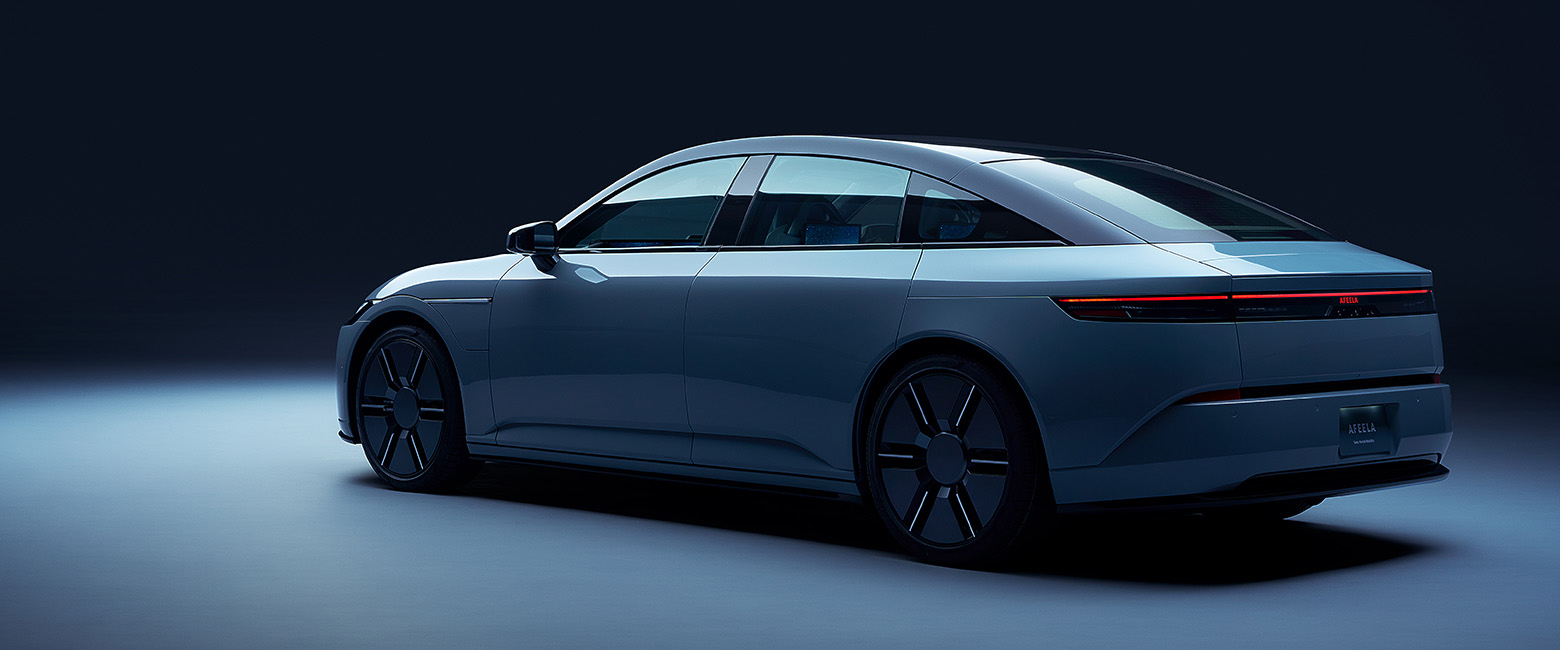 Sony Afeela electric car in a dimly lit room.