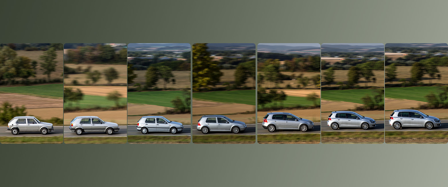 A collage showcasing the evolution of the VW Golf, featuring seven generations of the car driving down a scenic road.