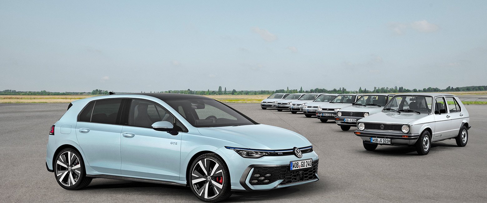 A collage showcasing the evolution of the VW Golf, featuring seven generations of the car driving down a scenic road.