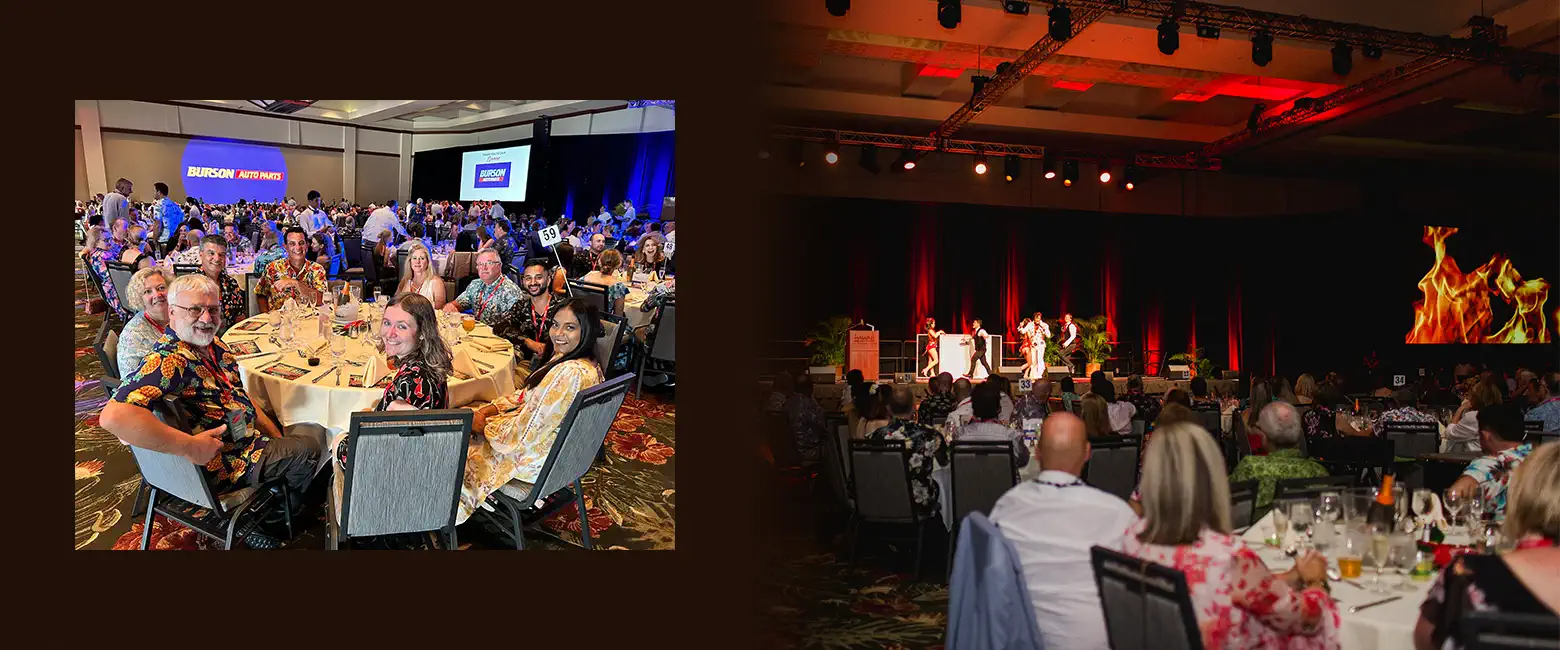 A large crowd gathers at the Capricorn Convention 2024 banquet in Hawaii, enjoying food and networking together.